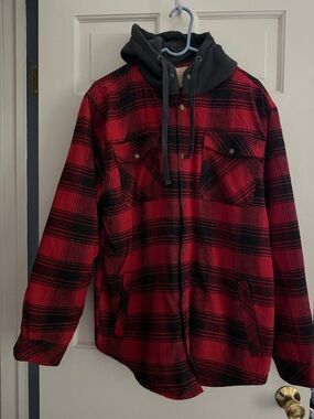 Men's Red & Black Plaid Hooded Flannel Jacket